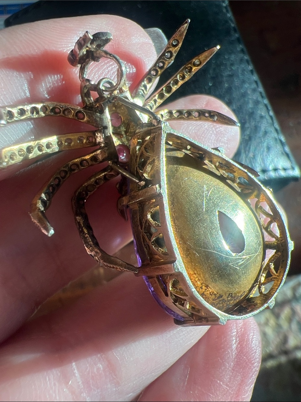 Antique SPIDER PENDANT 47.7ct Amethyst, Diamond, Blue & Pink Sapphire Gemstones - Picture 13 of 15